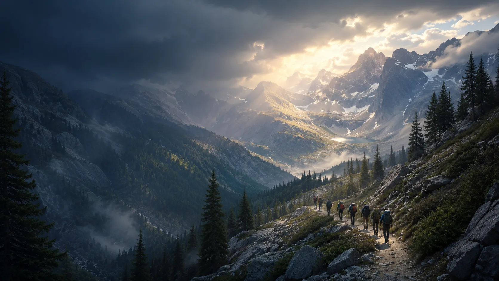 A mountain trail winds through pine forest and granite ridges toward a luminous high basin at sunrise.
