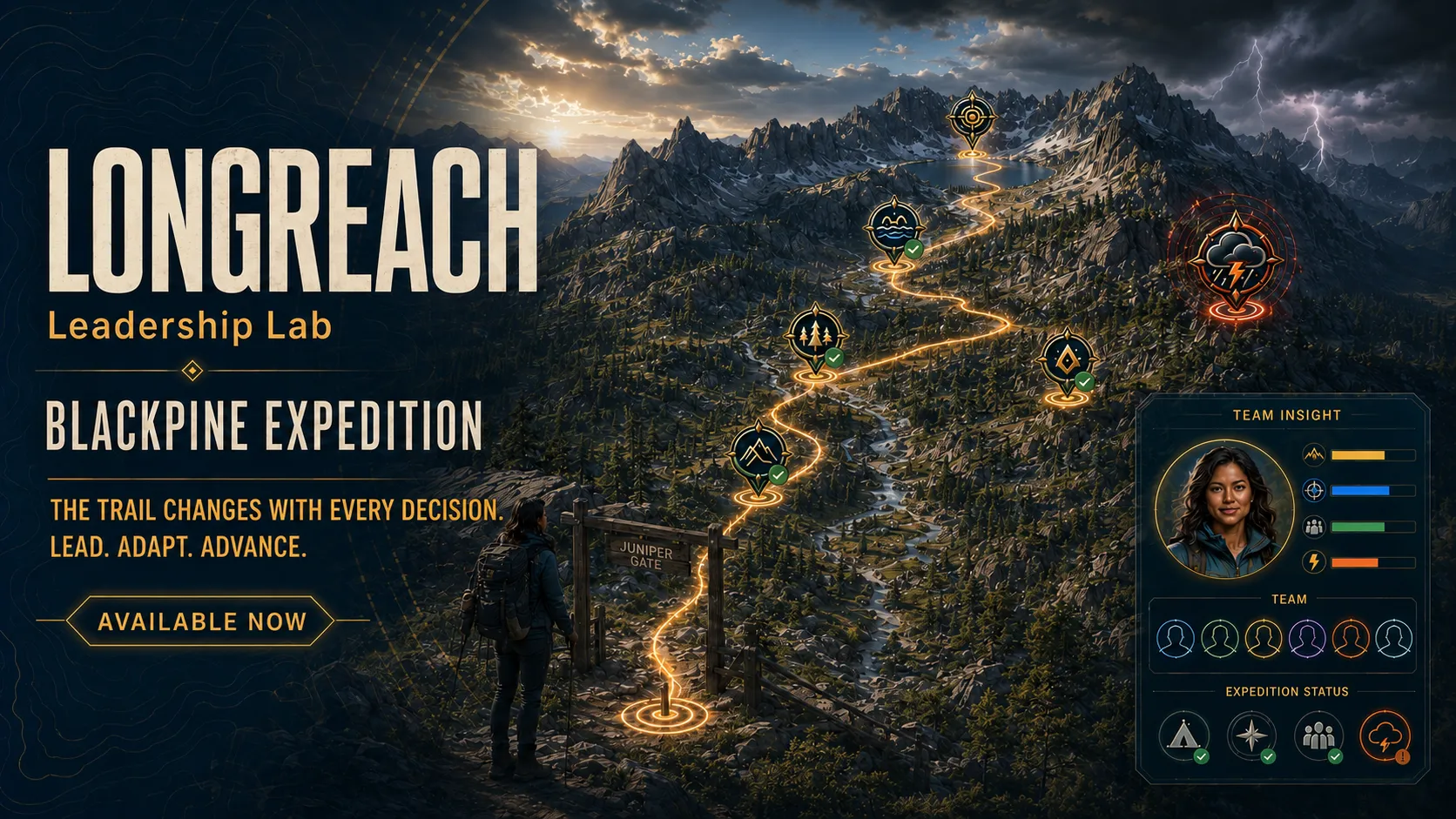 A glowing route crosses the Granite Crown Range through checkpoints, a route decision, and changing weather toward a high-basin objective.