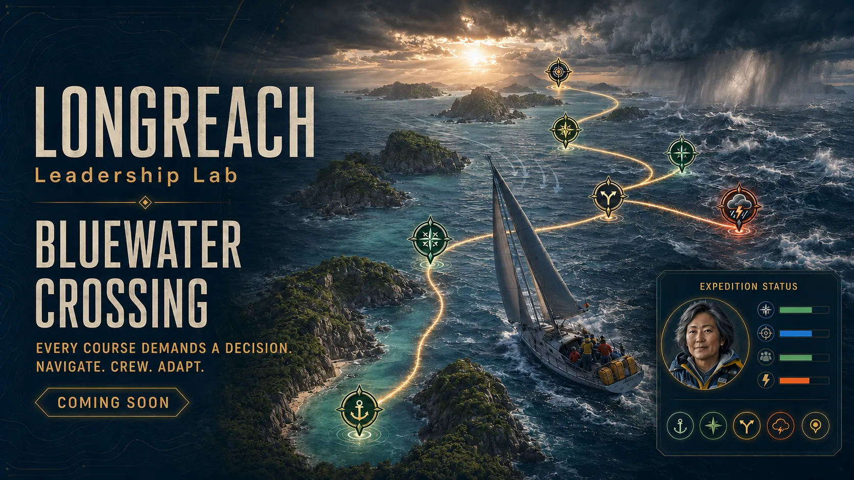 Cinematic preview of Bluewater Crossing: A Team operates as the crew of a sailing vessel over multiple days, managing course planning, crew coordination, provisions, fresh water, weather windows, navigation, vessel readiness, anchorage decisions, and mission priorities.