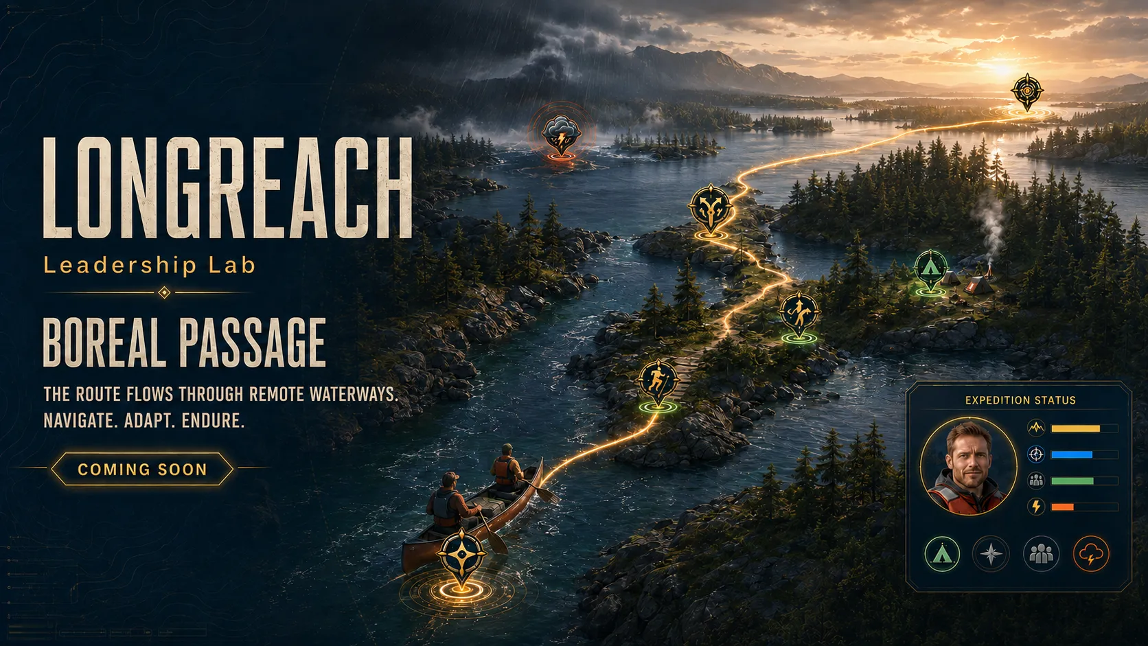 Cinematic preview of Boreal Passage: A Team undertakes a multi-day canoe journey through remote water routes while balancing navigation, weather, current and wind, portages, camp timing, supplies, dry-storage protection, equipment repair, pacing, and stewardship.