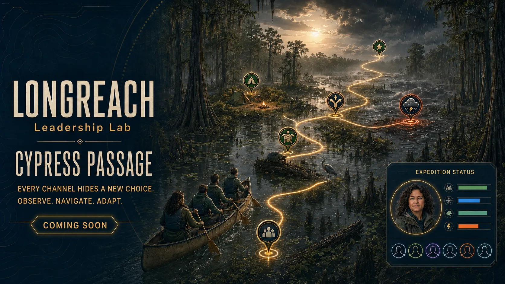Cinematic preview of Cypress Passage: A Team navigates a multi-day route through interconnected wetland channels while managing route uncertainty, weather, water conditions, equipment protection, wildlife awareness, camp selection, and stewardship.