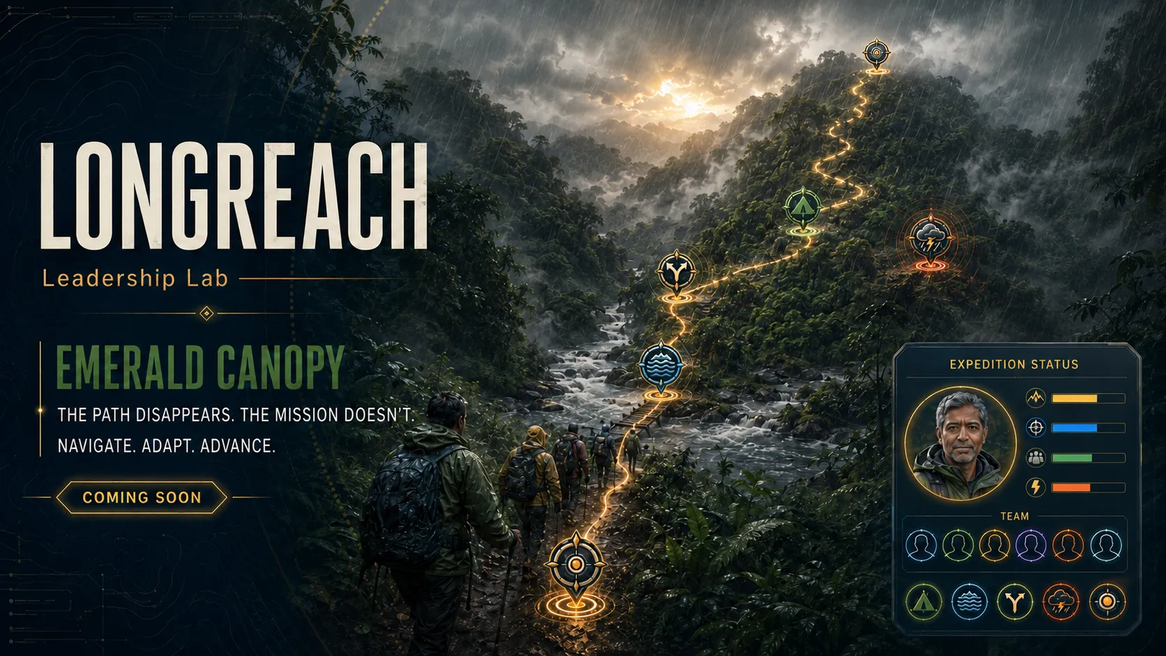 Cinematic preview of Emerald Canopy: A Team navigates a multi-day jungle expedition where route visibility, rainfall, crossings, equipment protection, navigation uncertainty, and Team resilience create sustained leadership pressure.