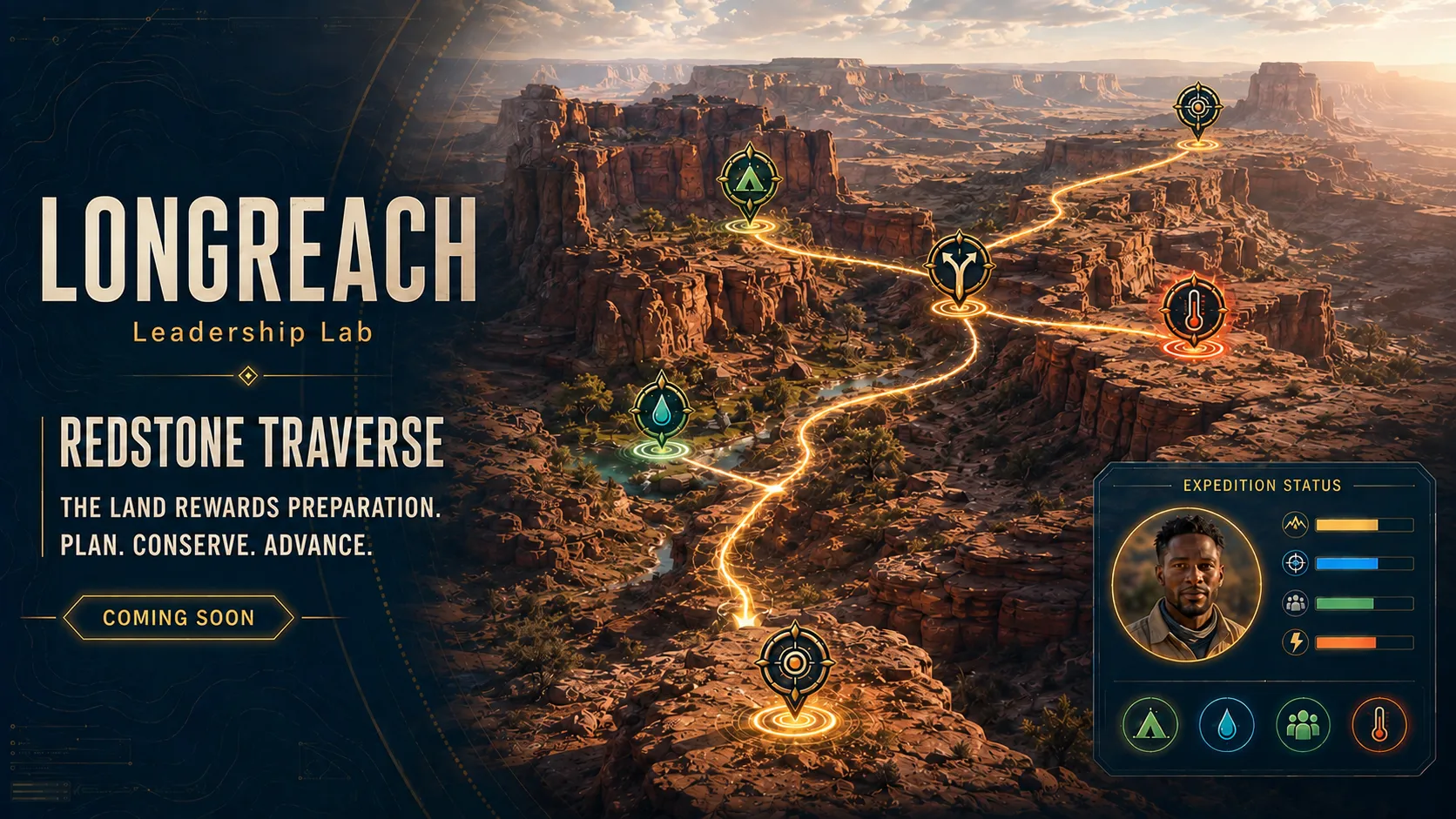 Cinematic preview of Redstone Traverse: A Team crosses a remote desert route while managing water, timing, exposure, navigation, shelter, conservation, and limited contingency capacity.
